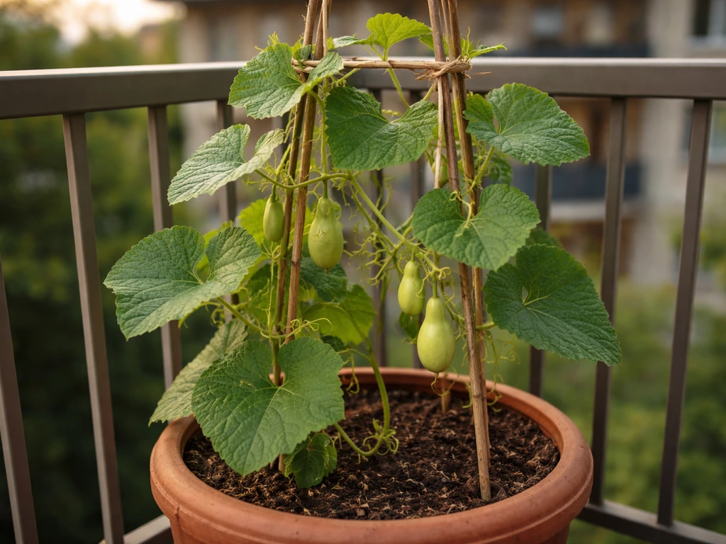 Thriving bottle gourd plant in a large pot on a balcony trellis with young gourds visible