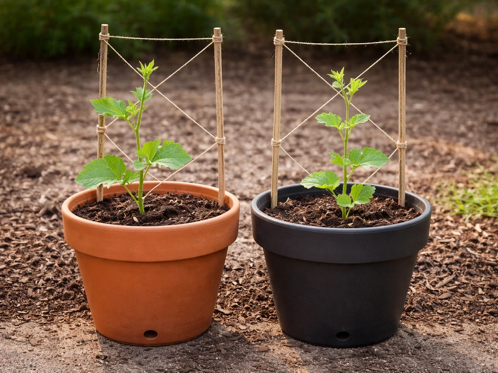 Bottle gourd vine trellis set up in terracotta vs plastic pots with drainage holes on a patio