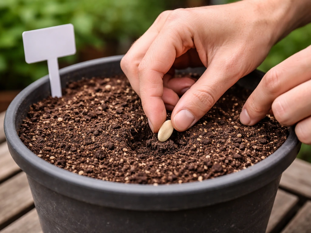Hands place bottle gourd seeds in a final container, lightly covering them with soil beside a blank label.