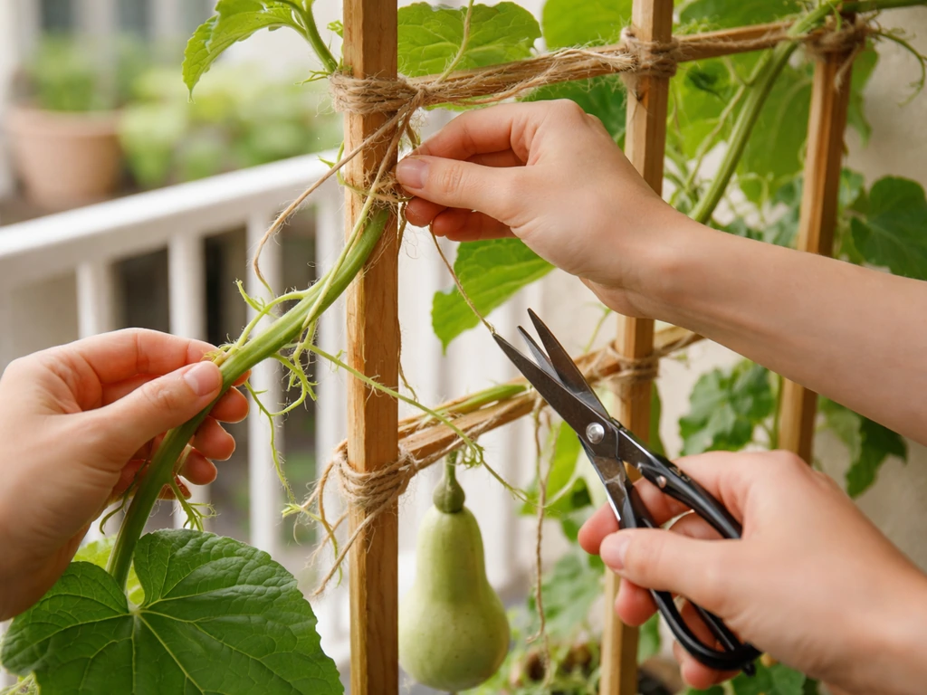 Hands tying a bottle gourd vine to a balcony trellis while trimming side growth