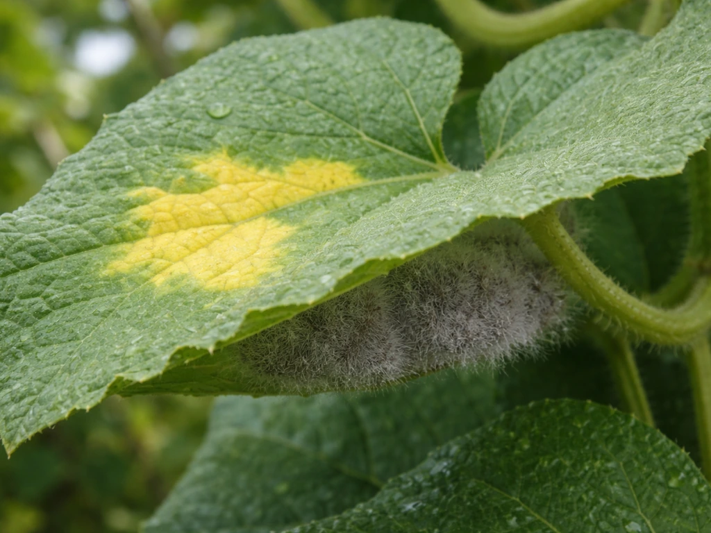 Close-up of kaddu leaves showing irregular yellow spots with greyish-purple fuzzy growth underneath