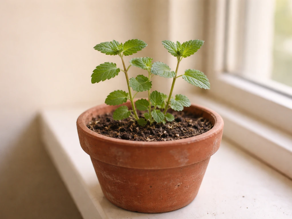 Small mint-family herb (fluxweed-like) in a tiny terracotta pot on a windowsill, showing compact growth.
