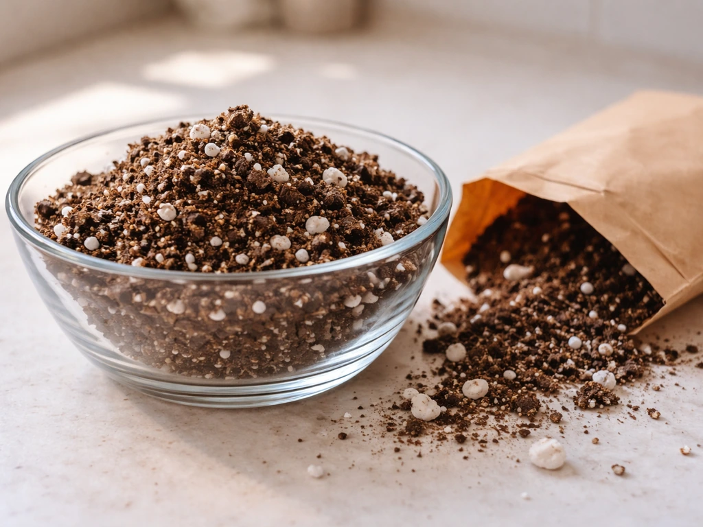 Close-up of potting mix and perlite in a bowl and small bag, showing a fast-draining container soil blend.