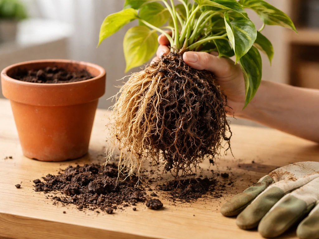 Terracotta pot on a table with exposed roots showing healthy vs rotting sections during a root check.