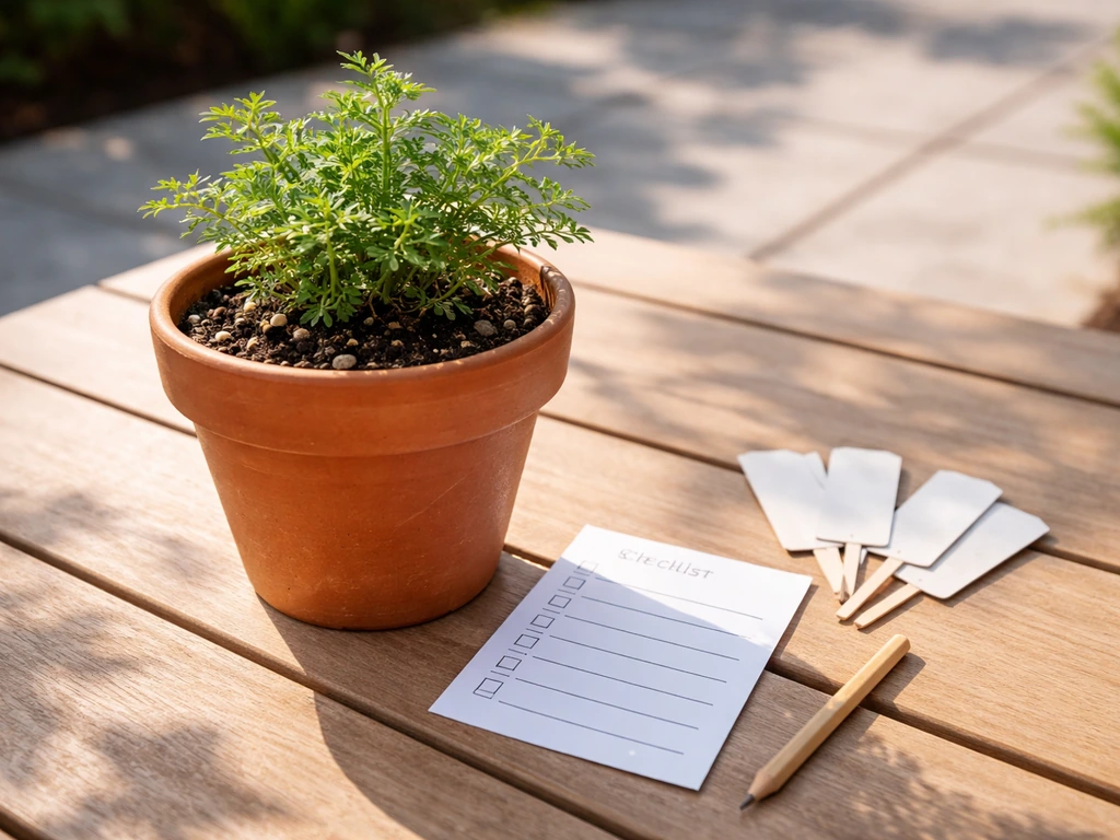 Small pot of fluxweed on a sunny patio with a simple checklist card and plant-care tags nearby.