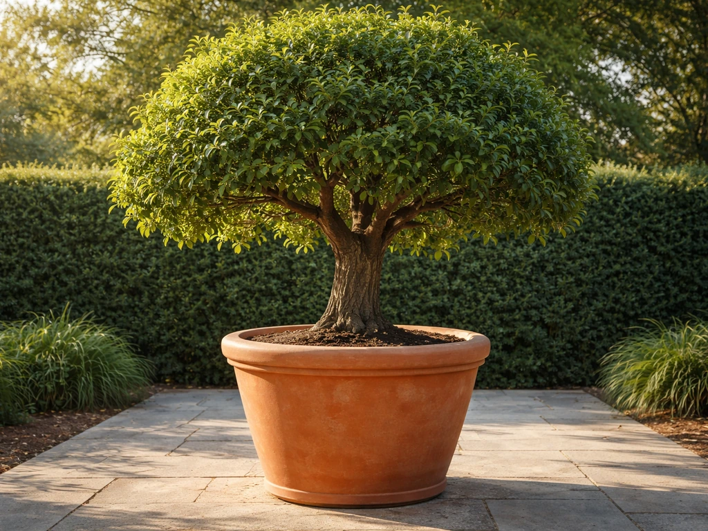 Mature container tree with thick trunk and full canopy in a large pot on a sunny patio edge.