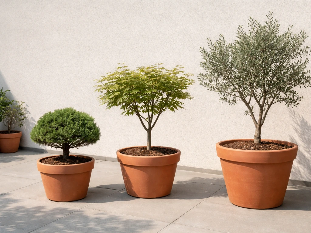 Three different dwarf/slow-growing trees in large planters, showing contrasting mature sizes and shapes
