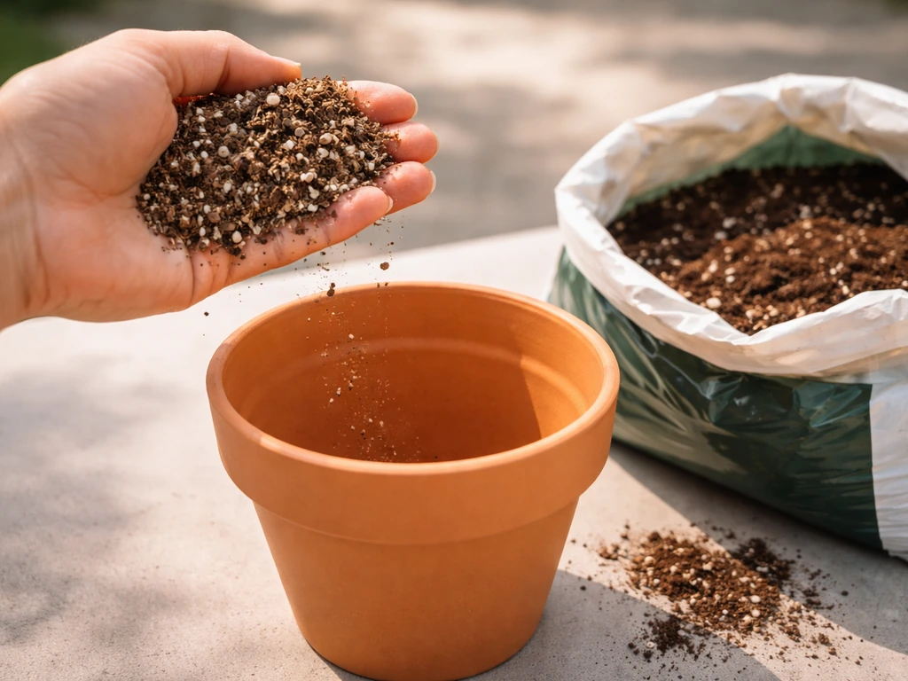 Hand holding a small handful of light potting mix over an open bag and empty planting pot