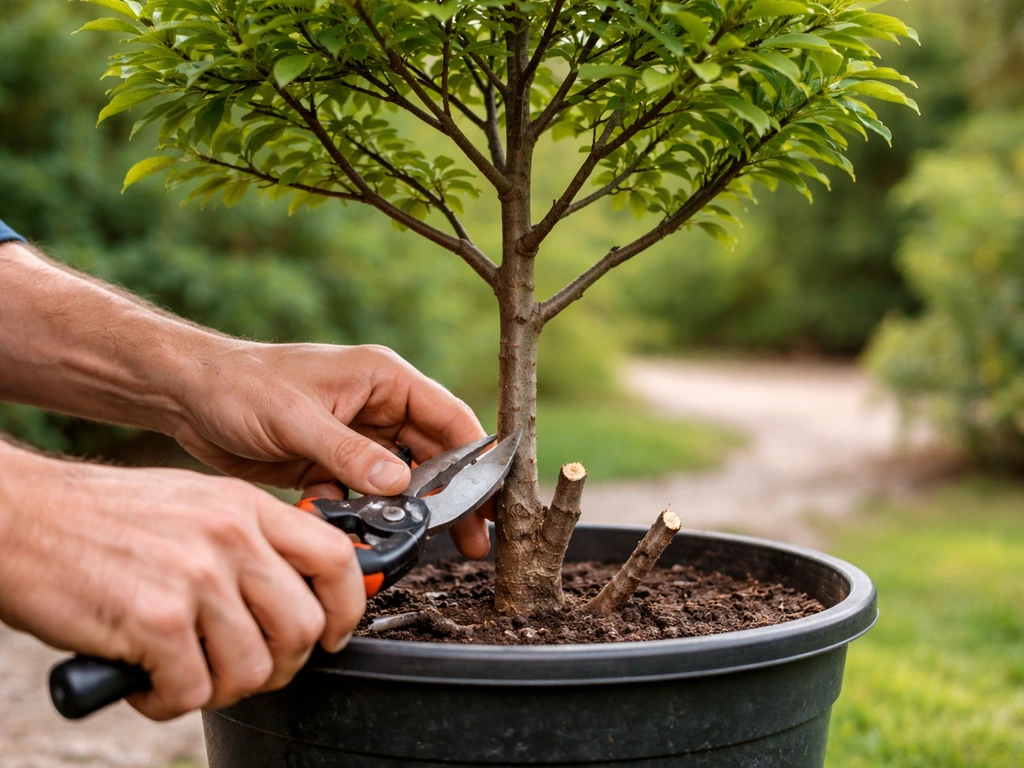 Gardener pruning a potted tree to shape a central leader and remove lower branches for a tree-like canopy.