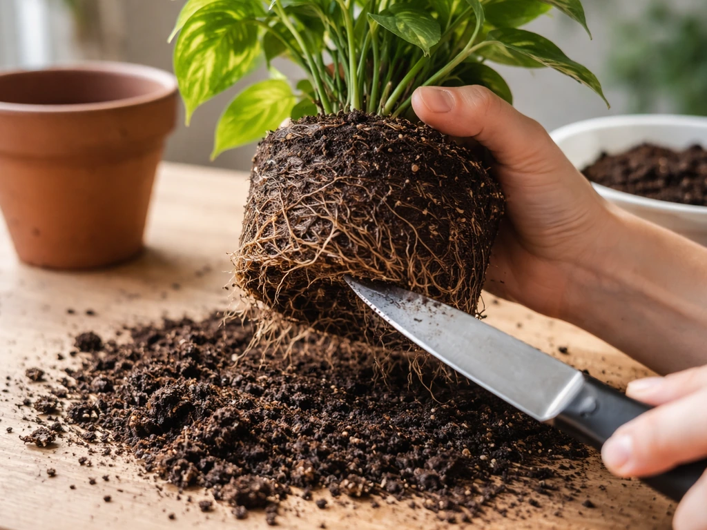 Close-up of a potted plant being lifted; thick outer roots trimmed with a clean blade before replanting.