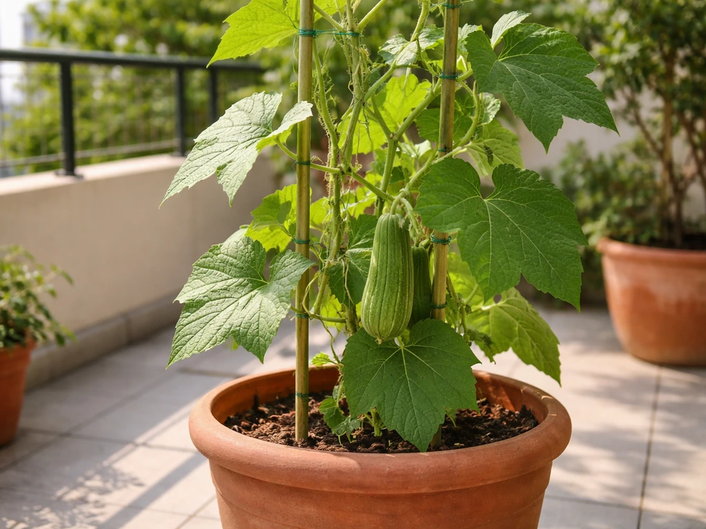 Healthy sponge gourd vine in a pot climbing a trellis on a sunny patio balcony.