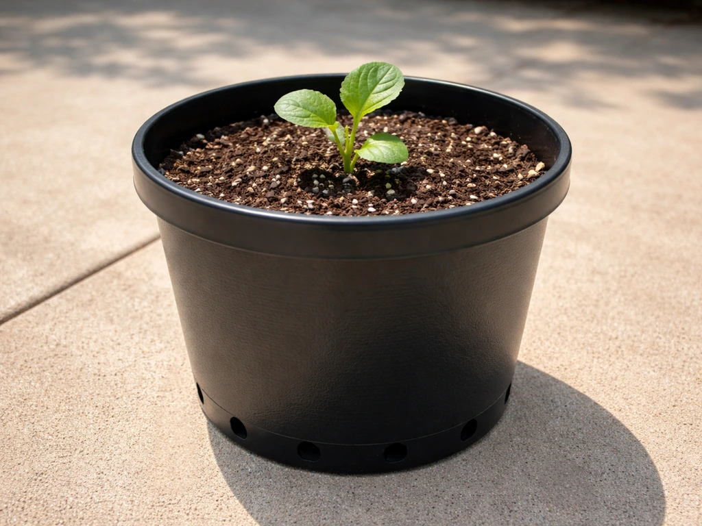 A 5-gallon planter with drainage holes, airy potting mix, and a sponge gourd seedling in full sun.