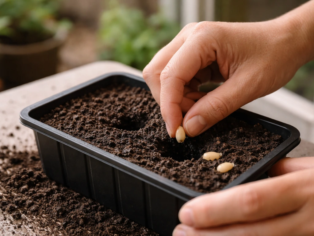 Hand placing soaked sponge gourd seeds into a small container with warm soil at the right depth
