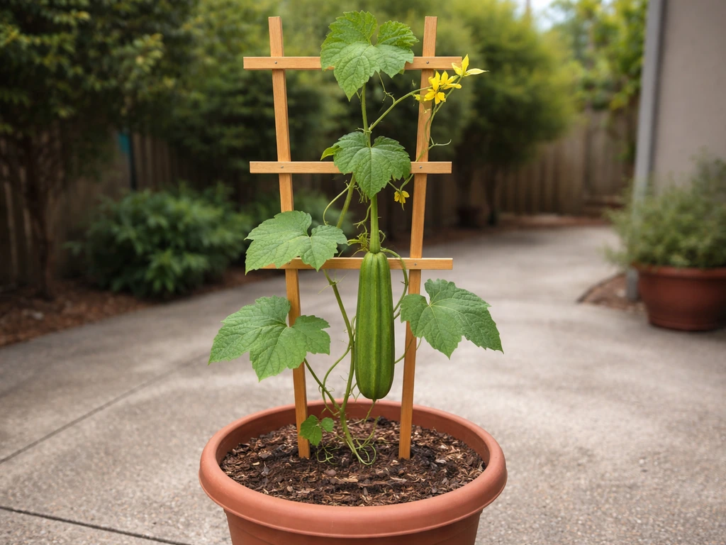 Green sponge gourd vine in a pot trained up a wooden trellis, main stem tied with soft plant ties.