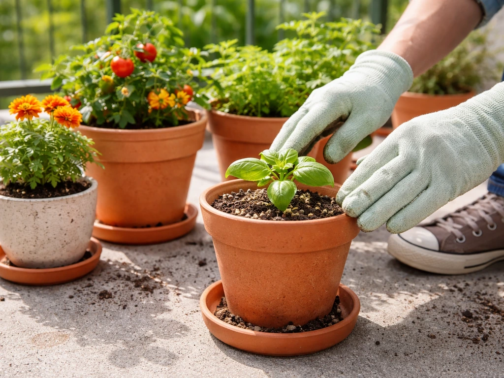 Gloved hands adjust a small terra-cotta pot on a sunny patio, with multiple thriving containers and drainage trays.