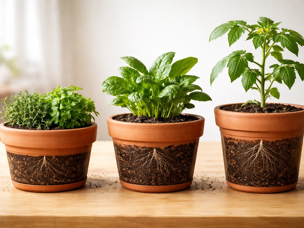Close-up of three small potted plants side by side showing different pot depths and growth types under natural light.