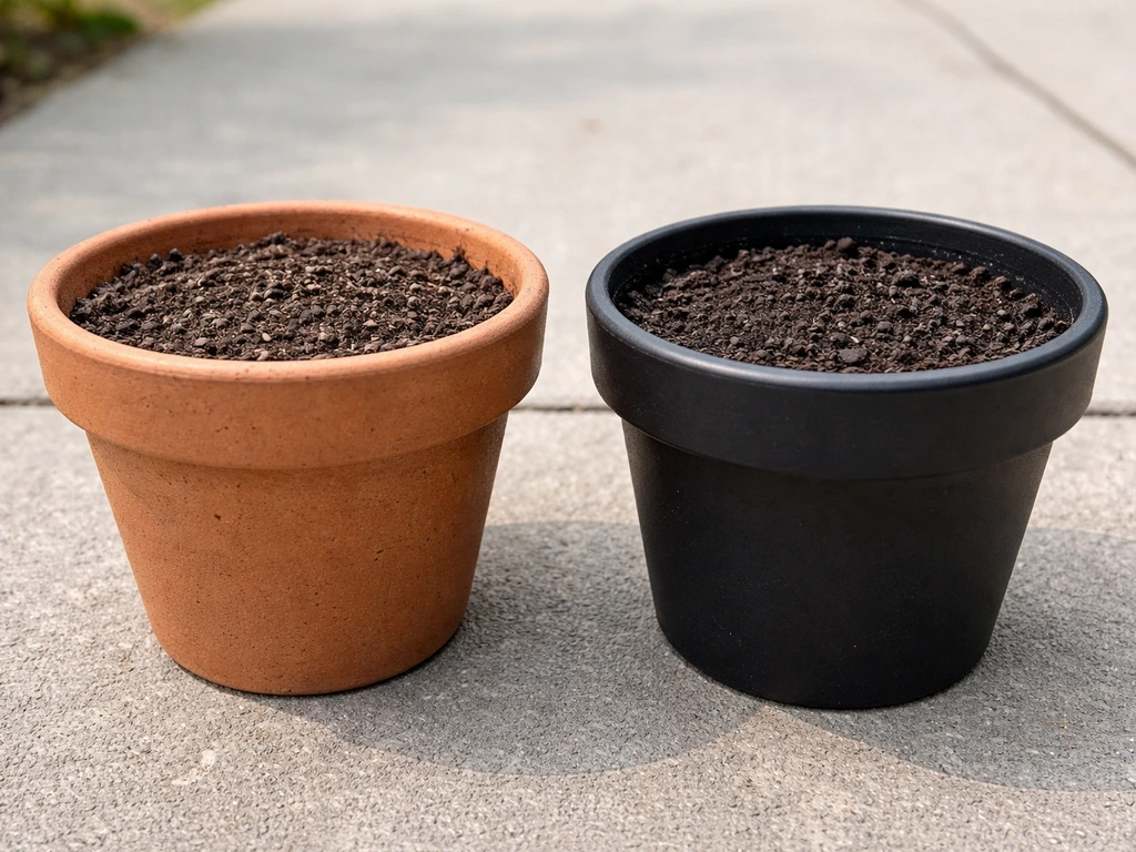 Side-by-side unglazed terracotta and plastic pots showing drier soil on terracotta and moister soil on plastic.