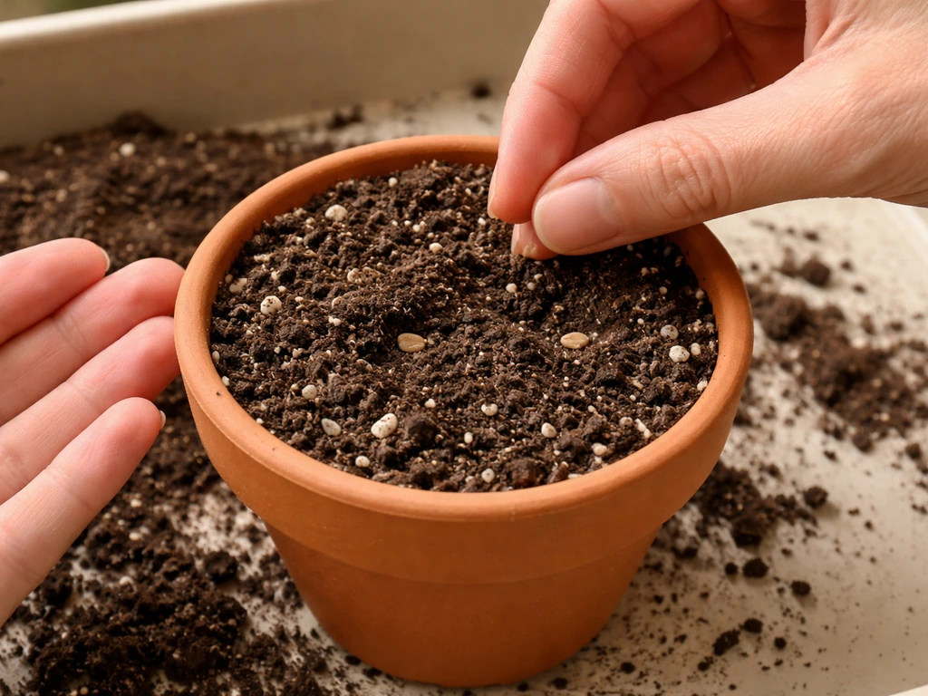 Close-up of seeds being placed at correct depth in a small pot of potting mix.