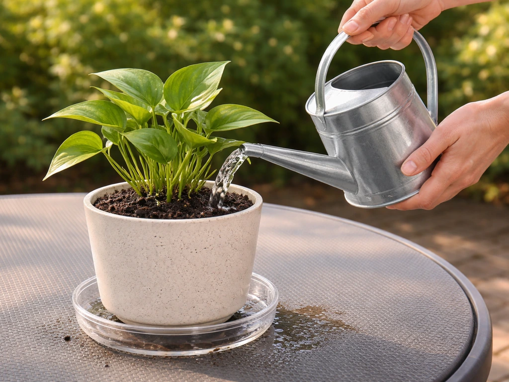 Hands watering a potted plant slowly until water drains from holes into a drip tray.