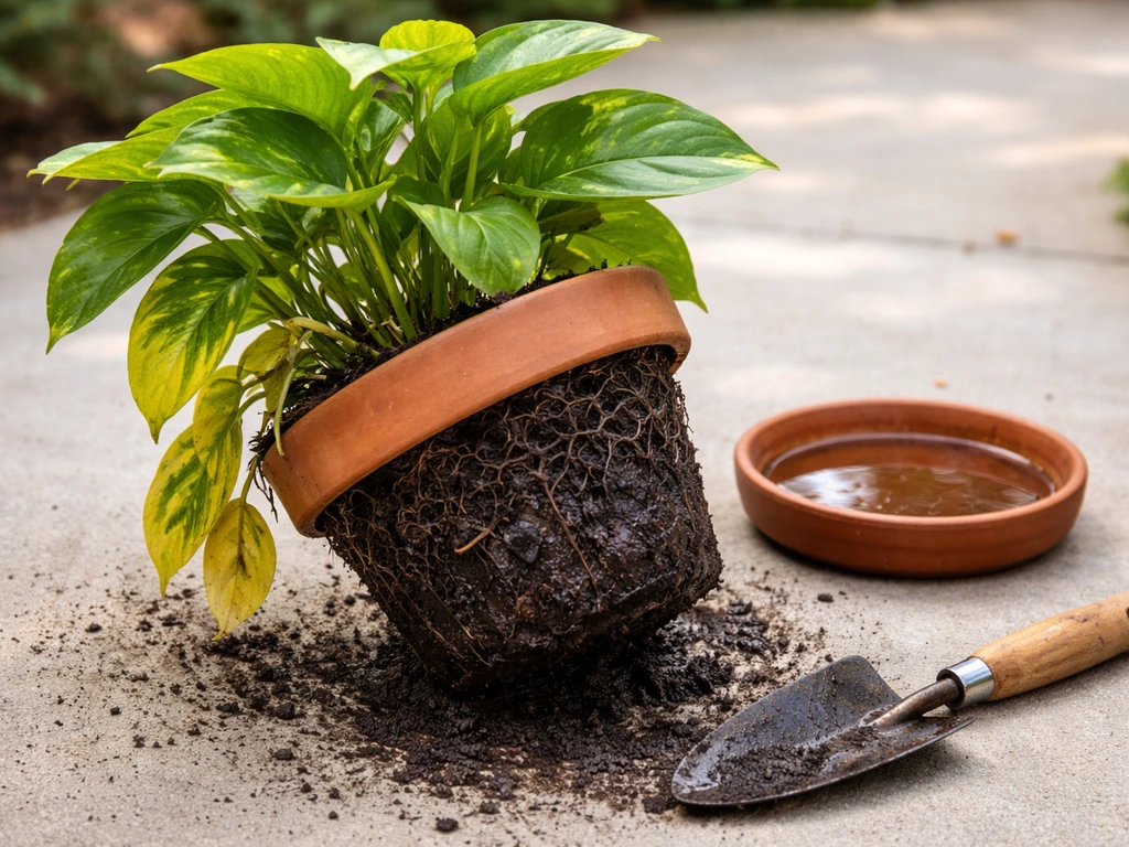 Potted plant with wilted lower leaves beside exposed wet, compacted soil suggesting root rot/poor drainage.