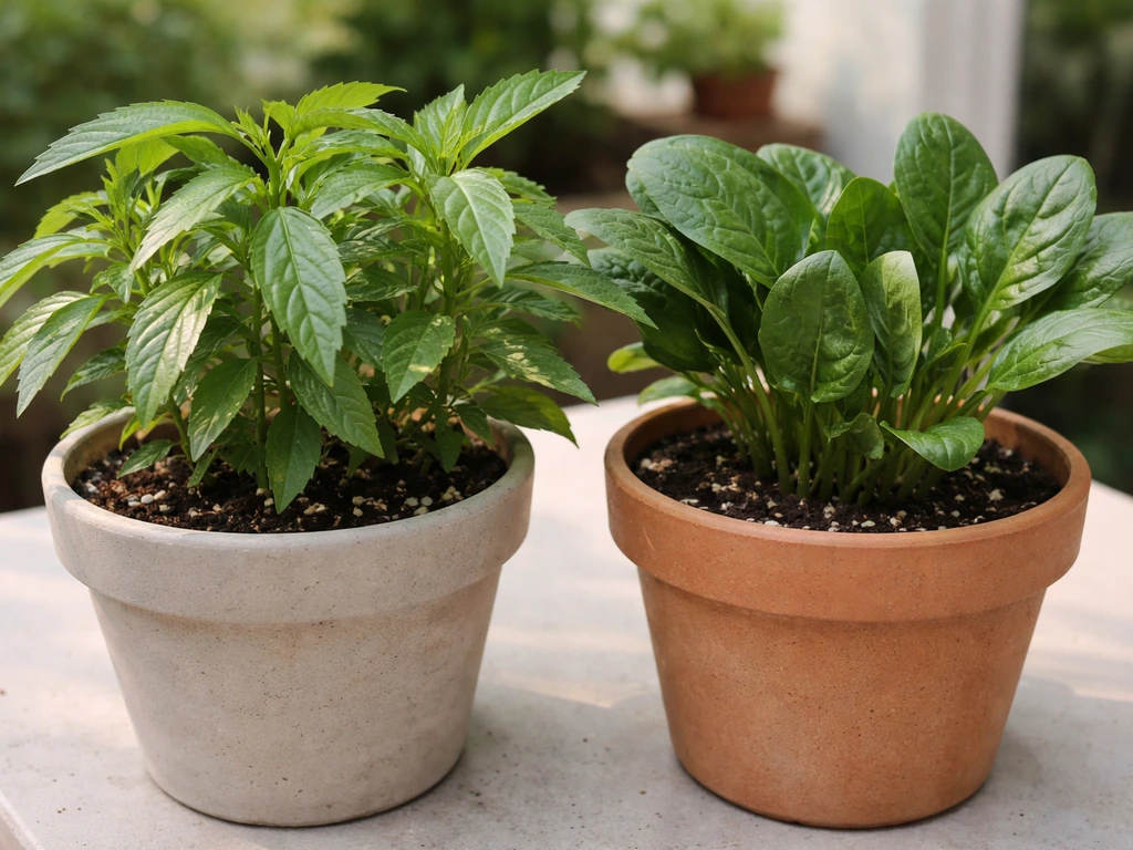Close-up of saluyot in a pot beside a different leafy green, showing leaf shape and growth.