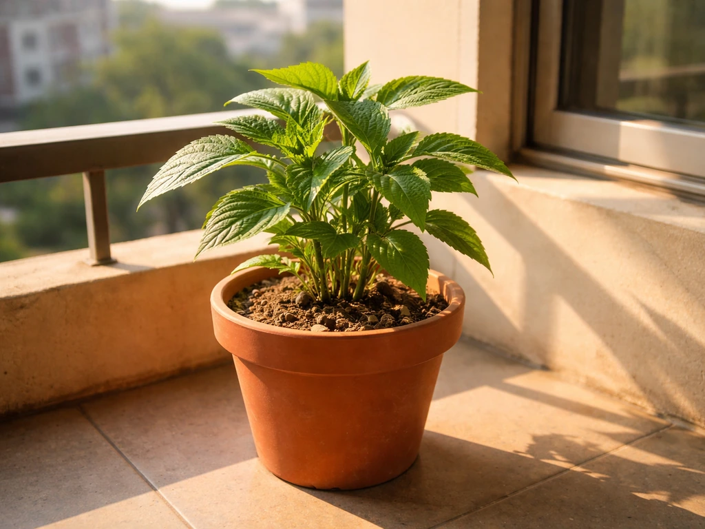 Terracotta saluyot pot on a sunny south-facing balcony ledge with direct afternoon sunlight and shadows.