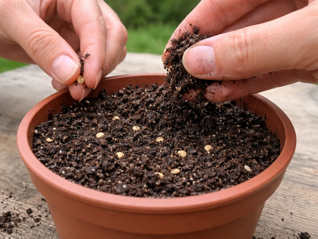 Hands sowing seeds directly into a small pot, thin soil cover visible, minimal outdoor setting.