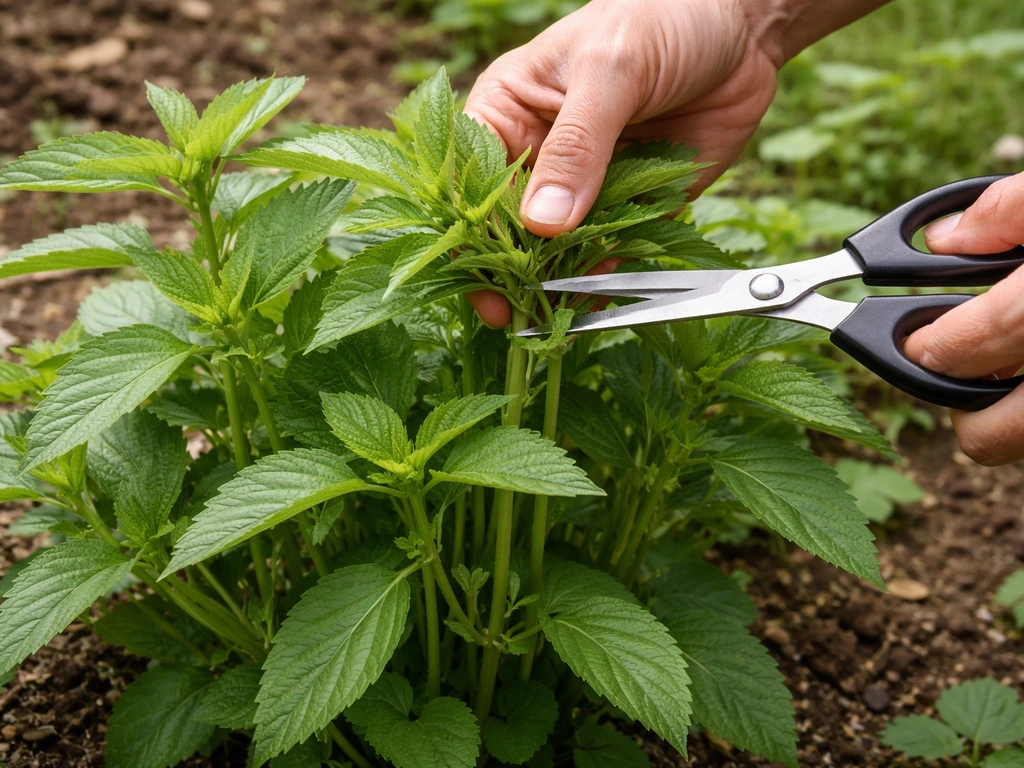 Gardener trims saluyot tips with scissors, showing fresh regrowth on tender green shoots.