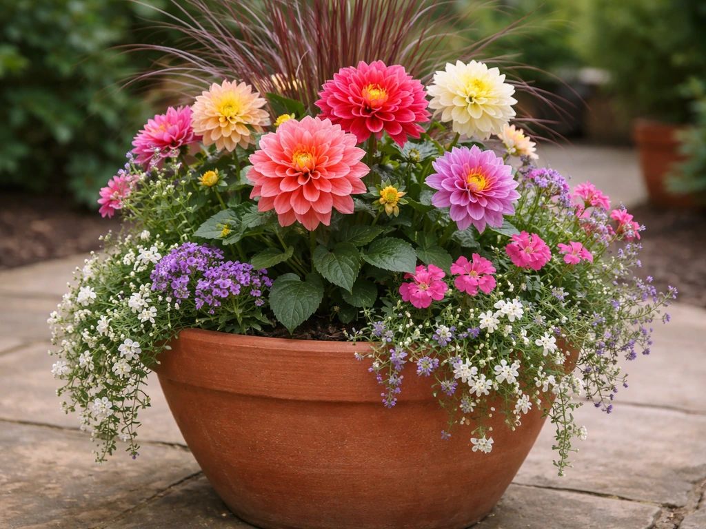 Close-up of a terracotta pot with companion plants and mixed-color dahlias arranged thriller, filler, and spiller.