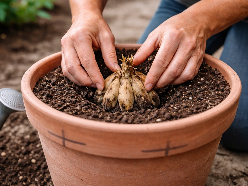 Close-up of a gardener placing a dahlia tuber in a pot with potting mix and side depth markers.