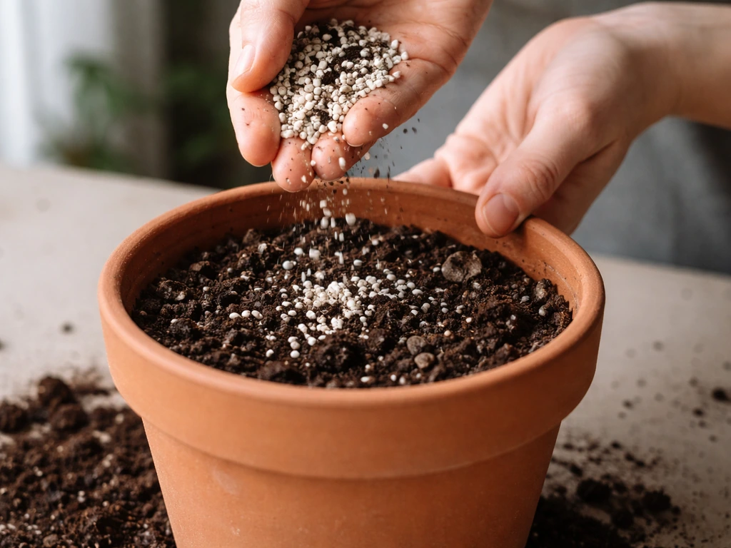 Anonymous hands filling a pot with potting mix and perlite-like granules in a simple setting.