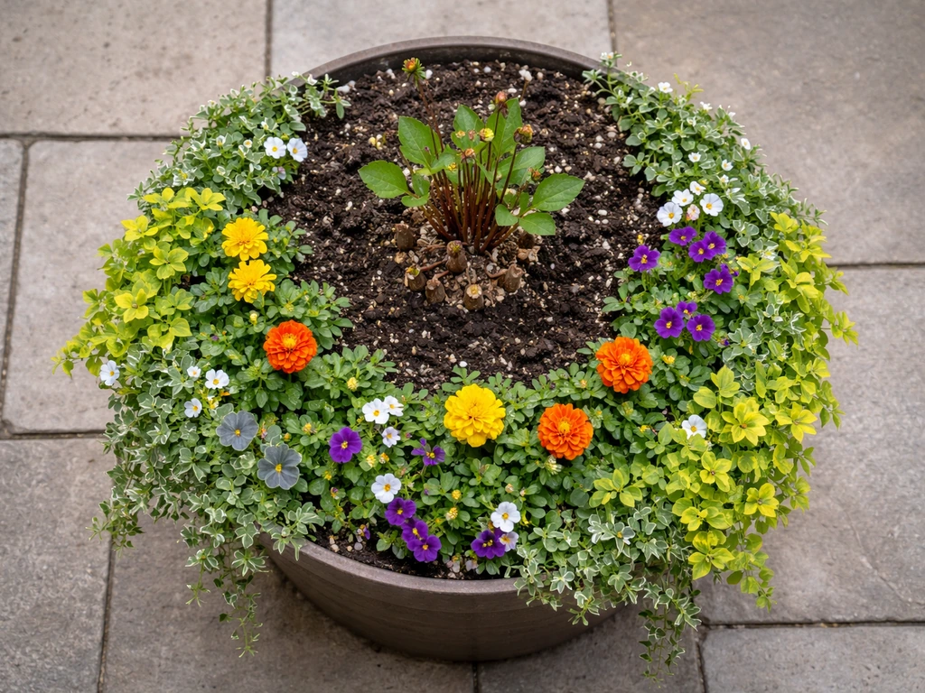 Top-down view of a mixed dahlia pot with central dahlia, middle fillers, and outer trailing spillers