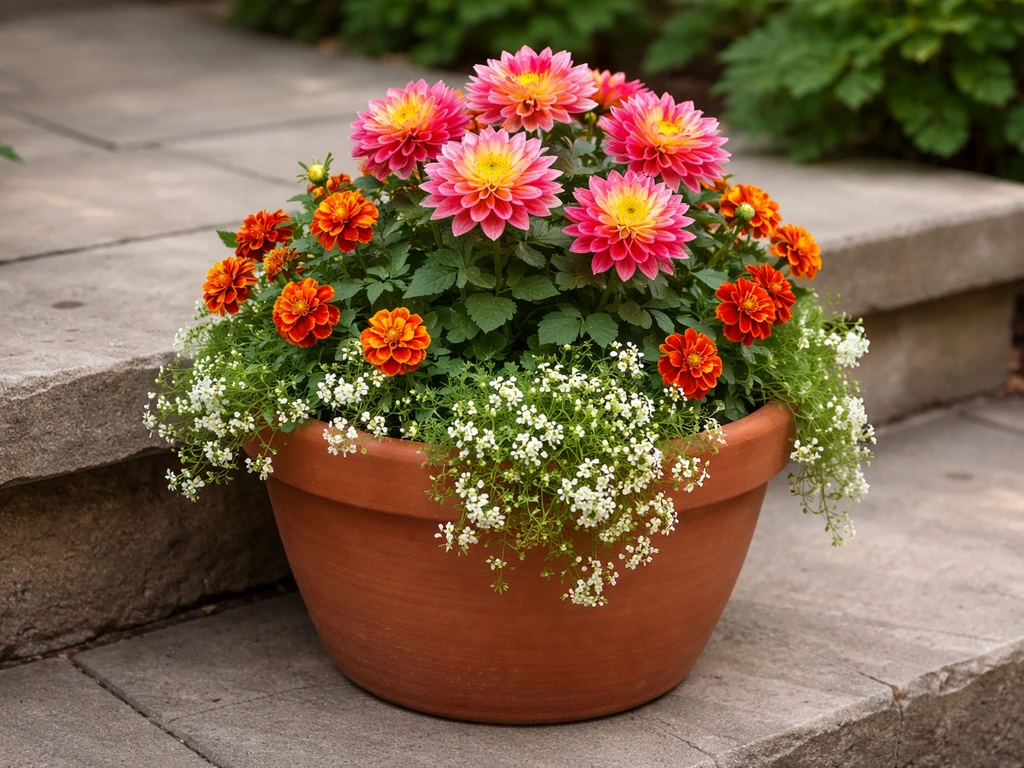 16-inch dahlia pot with patio/border dahlia centerpiece, marigolds and sweet alyssum spilling over the rim.