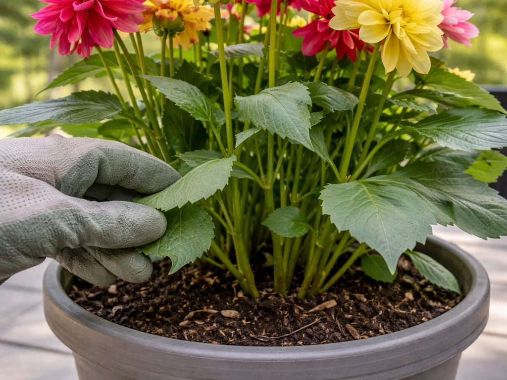 Gloved hand checking under leaves of a healthy mixed dahlia pot, showing airflow spacing.