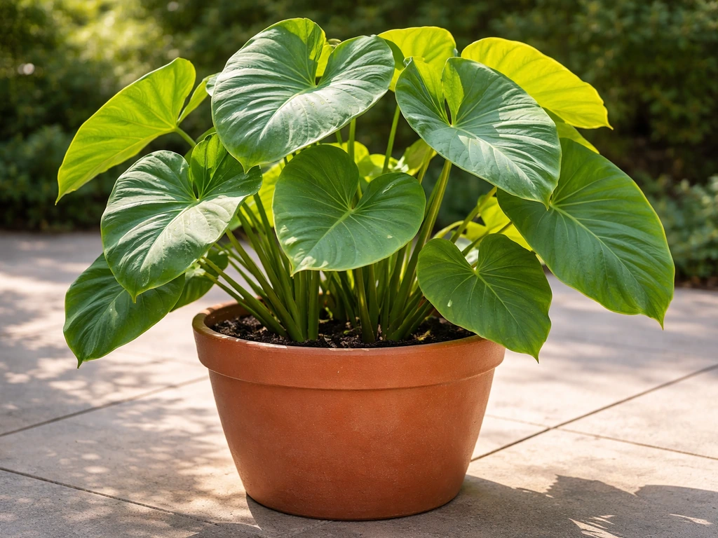 Vigorous colocasia in a large pot with lush leaves on a sunny outdoor patio