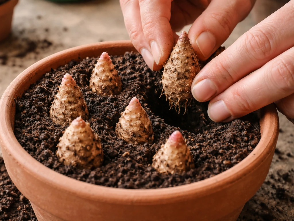 Knobby Cocambia corms being placed pointed-end up in a pot with soil coverage and spacing