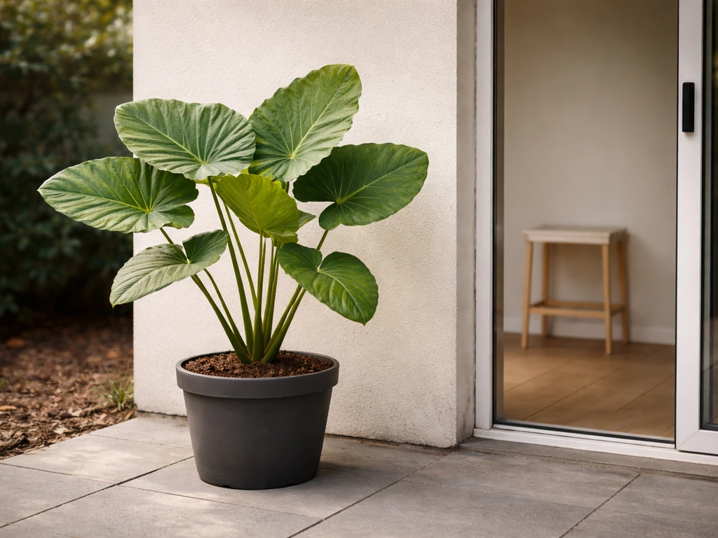 Potted colocasia on a small patio, with a plant stand and indoor corner nearby for moving it