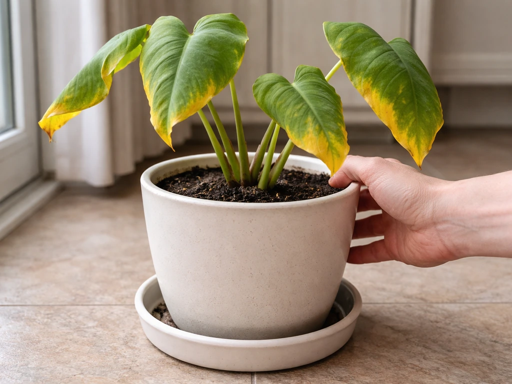 Close-up of a potted colocasia with drooping yellowing leaves and visibly damp soil near the pot.