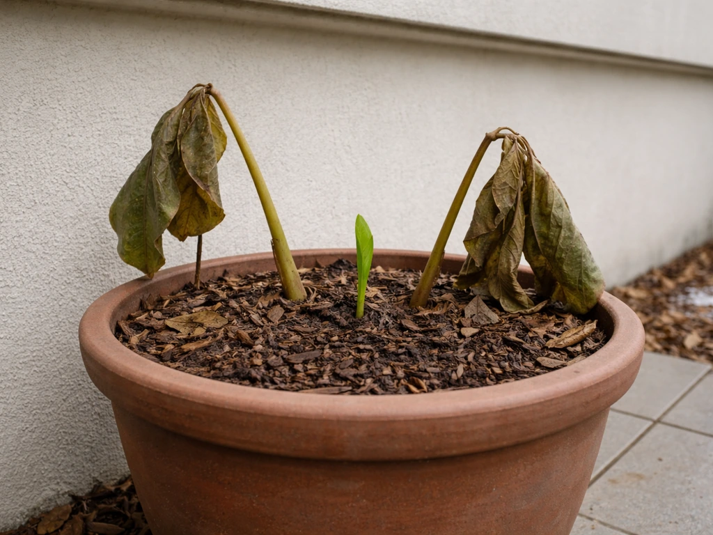 Potted colocasia in a sheltered outdoor corner during winter, soil mulched, new spring sprout emerging.