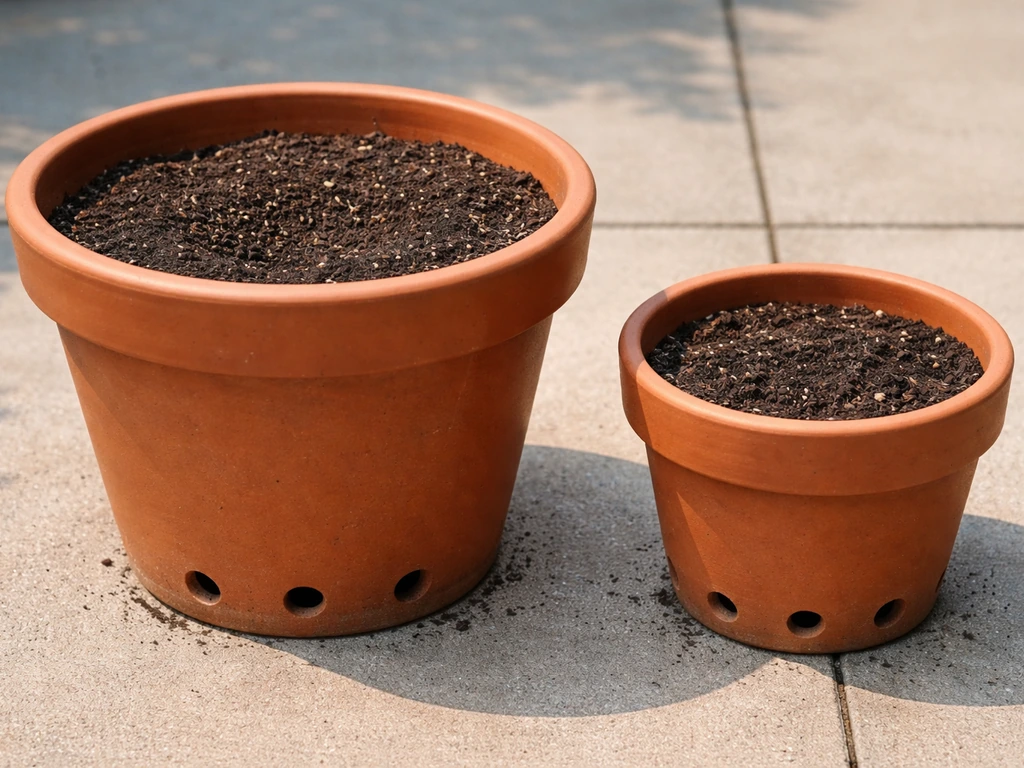 Two side-by-side containers for bhindi: one large pot and one too-small pot, both with visible drainage holes.