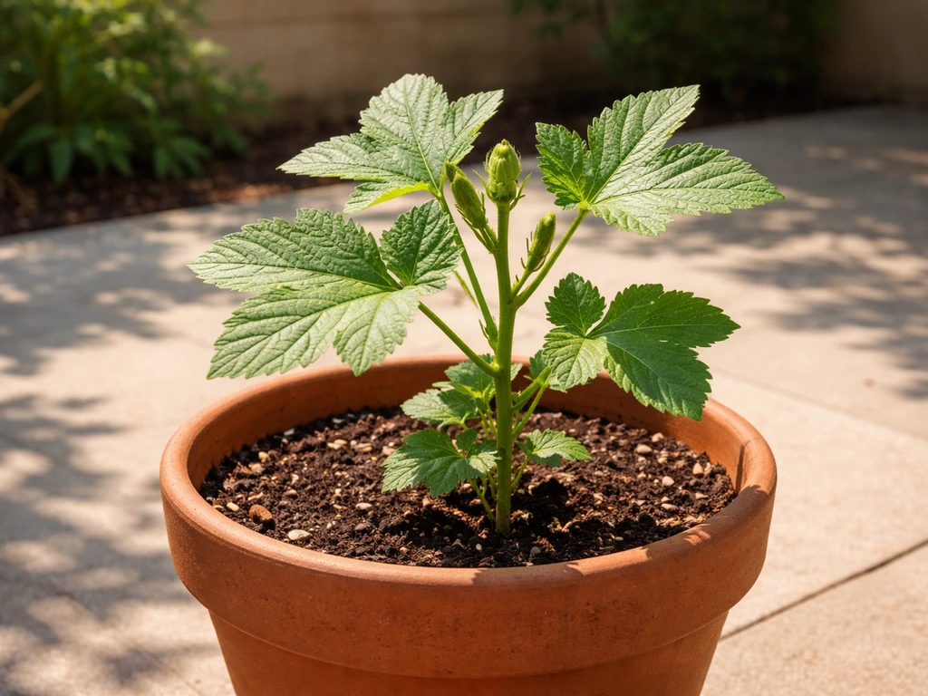 Bhindi okra plant in a terracotta pot placed in bright full sun on a patio in warm weather.