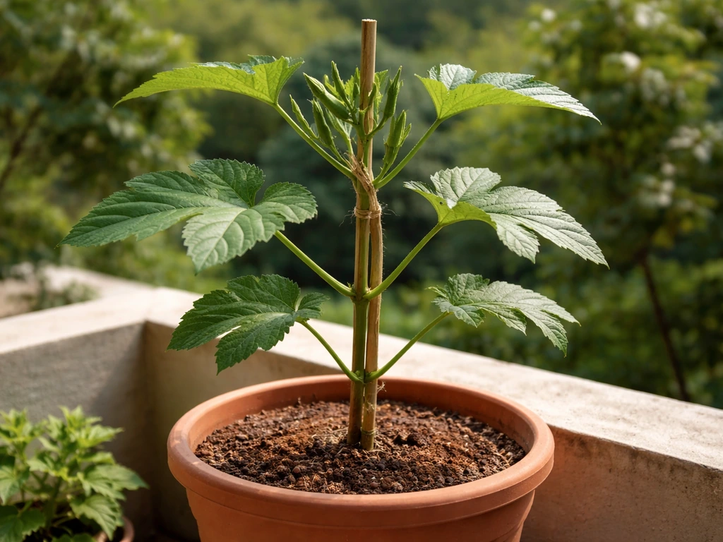 Potted bhindi plant tied to a small stake, with the top pinched to encourage branching.