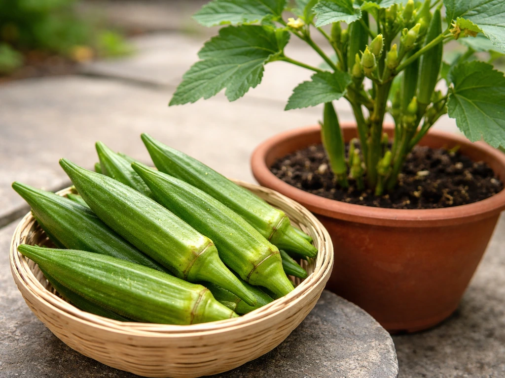 Freshly picked bhindi pods in a small harvest container beside a potted okra plant with new pods forming.