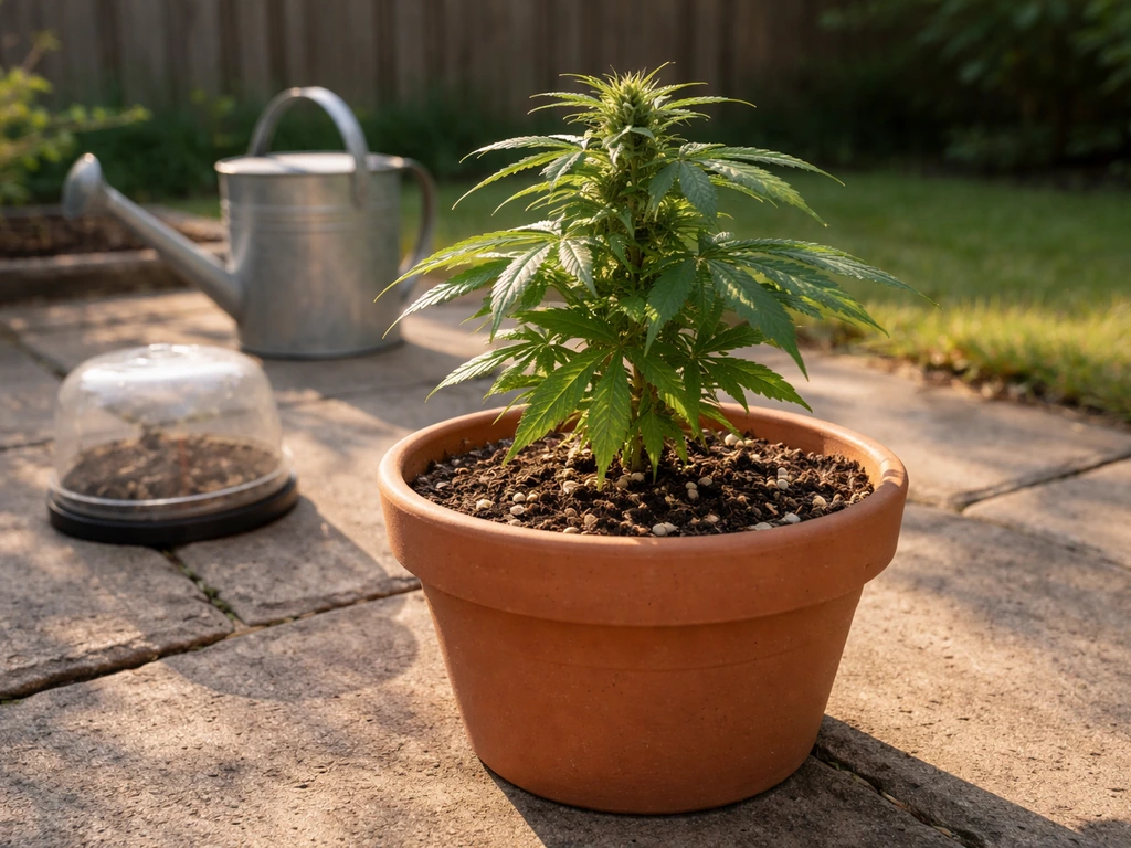 Sunlit autoflower plant in a terracotta pot on a patio with soil and a simple seed-start dome nearby.