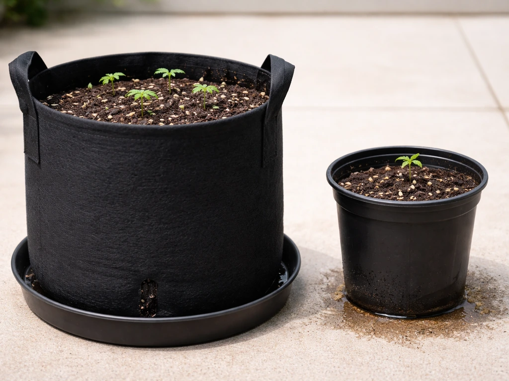 Two side-by-side pots: a properly sized fabric pot with drainage and a smaller, poorly sized container for an autoflower