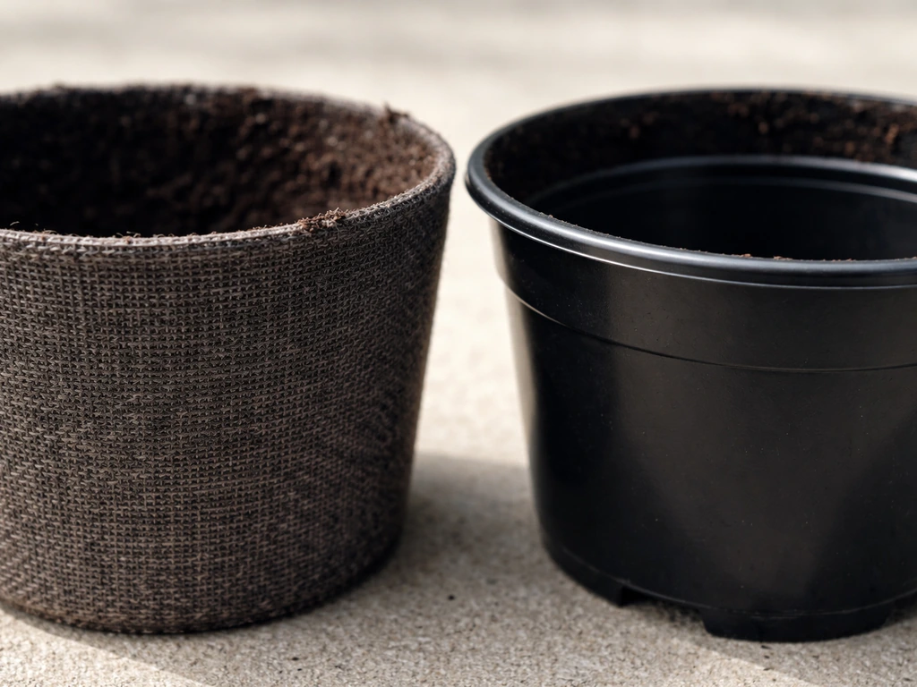 Close-up of fabric pot’s textured weave beside a smooth plastic pot, highlighting airflow for roots