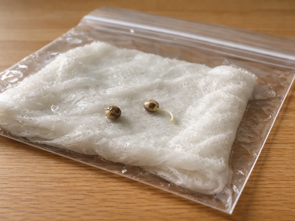 Close-up of damp paper towel germination showing a cracked seed with a visible sprout tail.