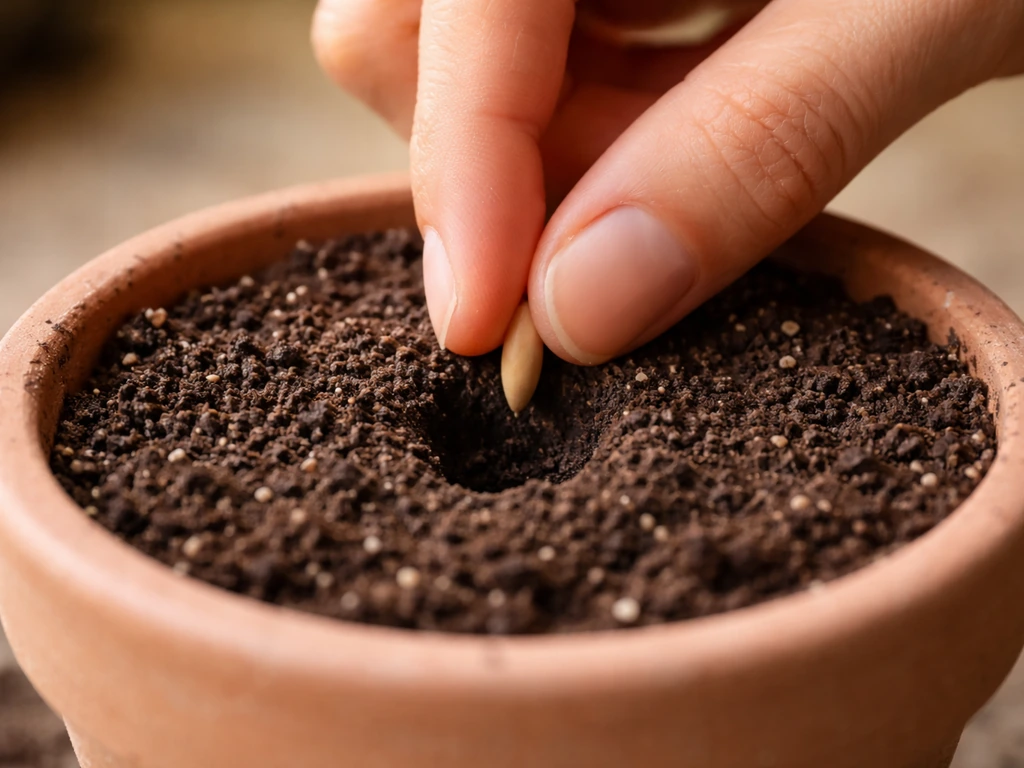 Hand placing a seed into a small hole in moist potting mix in a small pot
