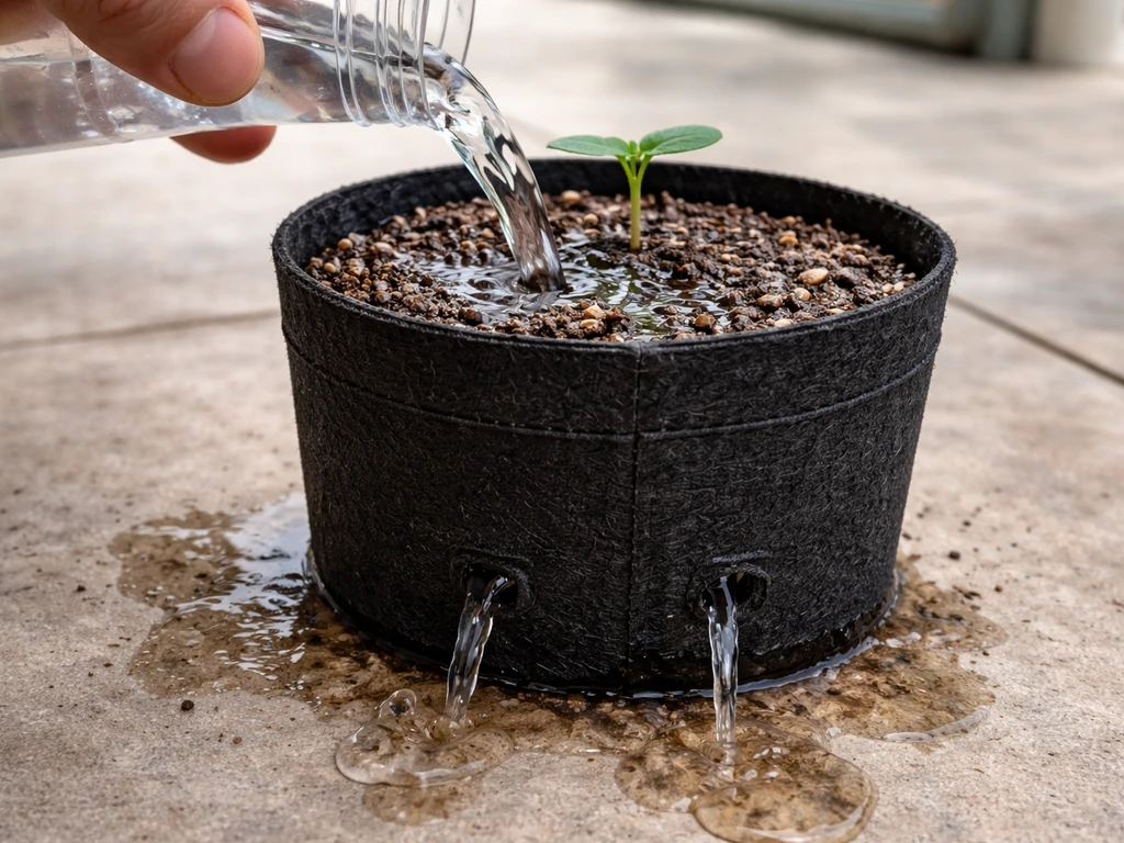 Close-up of pouring water into a potted autoflower seedling until runoff appears from drainage holes