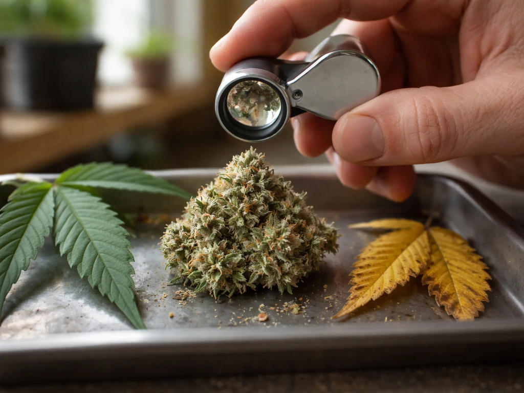 Jeweler’s loupe inspecting trichomes on a bud, with healthy and yellowing leaves beside it.